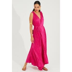 Cool & Sexy Women's Fuchsia Double Breasted Pleated Maxi Dress