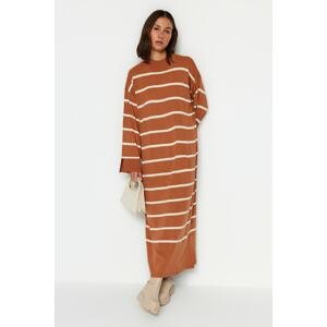 Trendyol Light Brown Striped Knitwear Dress With Slit Detailed Sleeves