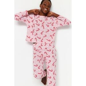 Trendyol Pink 100% Cotton Christmas Theme with Print Tshirt-Pants, Knitted Pajamas Set