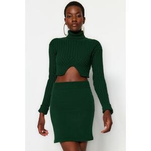 Trendyol Emerald Green Super Crop Turtleneck Skirt Knitwear Two Piece Set