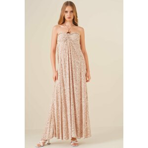 Bigdart 1262 Patterned Dress with Straps - Beige