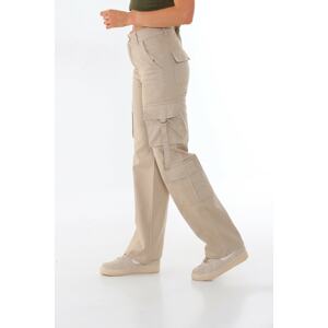 BİKELİFE Beige High Waist Multi Pocket Wide Leg Wide Leg Cargo Pants