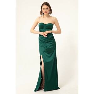 Lafaba Women's Emerald Green Long Satin Evening Dress with Stone Straps and a Slit