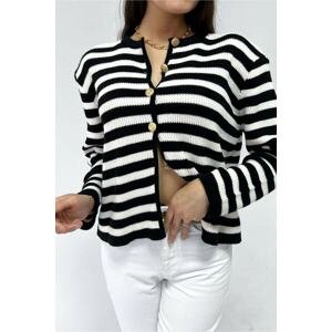 Lafaba Women's Black Striped Crew Neck Padded Gold Button Detailed Knitwear Cardigan.