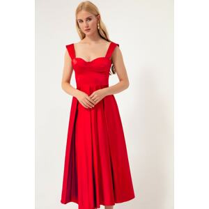 Lafaba Women's Red Straps, Flare Cut Midi Satin Evening Dress.