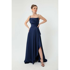 Lafaba Women's Navy Blue Flounce Slit Satin Evening Dress & Prom Dress