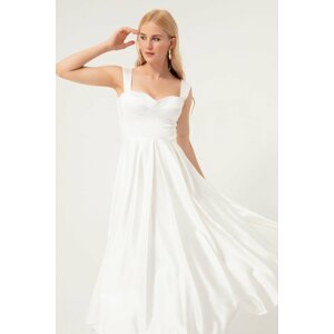 Lafaba Women's White Strap Flared Cut Midi Satin Evening Dress