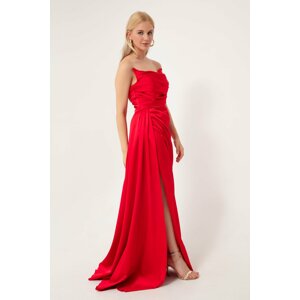 Lafaba Women's Red Long Satin Evening Dress with a Slit