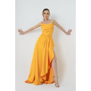 Lafaba Women's Mustard Ruffles Evening Dress with a Slit in Satin & Prom.