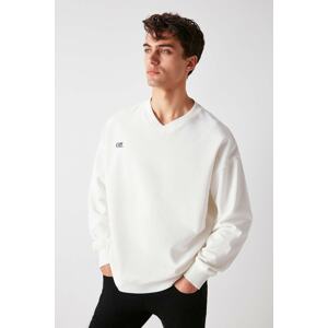 GRIMELANGE Men's Off-Neck V-Neck Text Embroidered Fleece Inner Sweatshirt
