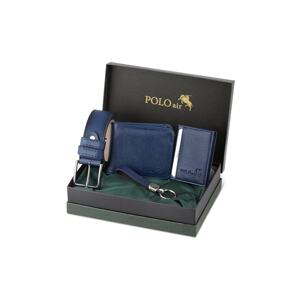 Polo Air Belt Wallet Card Holder Keychain Gift Combination Navy Blue Set