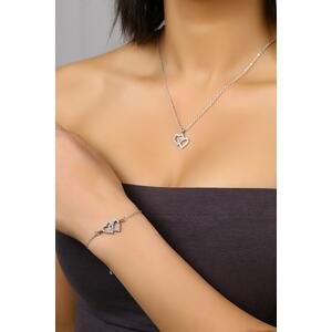 Polo Air Double Heart Necklace and Bracelet with Zircon Stones Combined Silver Color