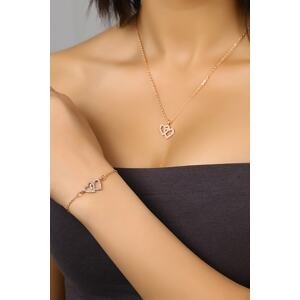 Polo Air Double Heart Necklace and Bracelet with Zircon Stones Combined Copper Color