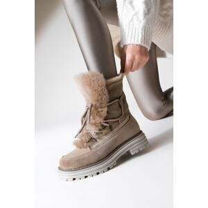 Marjin Women's Genuine Leather and Shearling Snow Boots with Lace-Up Ankle Boots White and Mink Suede.