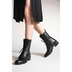 Marjin Women's Genuine Leather Boots Boots with Lace-up Zippered Classic Casual Boots Mek black.