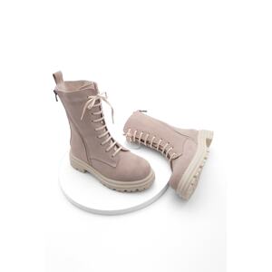 Marjin Women's Leather Boots Boots with Zipper and Lace-Up Thick Sole Daily Boots Viles Beige.
