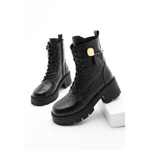 Marjin Women's Genuine Leather Boots Boots with Lace-up Zippered Thick Serrated Sole Ale Black.