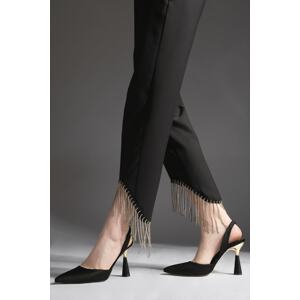 Marjin Women's Stiletto Pointed Toe Gold Heel Detail Open Back with a scarf and heeled shoes Yolez Black.