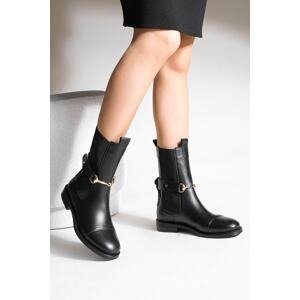 Marjin Women's Genuine Leather Casual Boots With Elastic Side Straps, Gold Chain Buckle Lorve black.