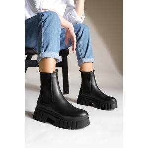 Marjin Women's Genuine Leather Casual Boots With Elastic Side Bands Thick Sole Martes Black.