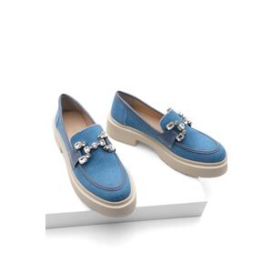 Marjin Women's Gemstone Buckle Loafers High-Sole Casual Shoes Mater Blue Jeans.