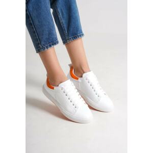 Capone Outfitters Capone Oval Toe, Heel Collar Colorful Lace-Up Front, White Orange Women's Sports Shoes.