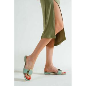Capone Outfitters Women's Capone Skin Short Heels with Transparent Strap, Algae Green Women's Slippers.