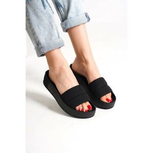 Capone Outfitters Capone Women's Quilted Strap, Colorful Detailed Wedge Heel Matte Satin Black Women's Slippers.