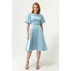 Lafaba Women's Baby Blue Balloon Sleeves and Stones Belted Mini Satin Evening Dress.