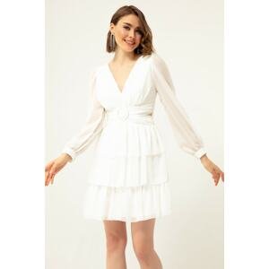 Lafaba Women's White Frilled Decollete Mini Chiffon Evening Dress.