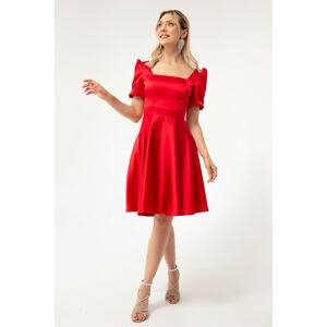 Lafaba Women's Red Balloon Sleeves Flare Cut Midi Satin Evening Dress.