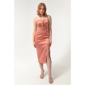 Lafaba Women's Salmon Evening Dress with Slim Straps and a Slit Midi Satin.