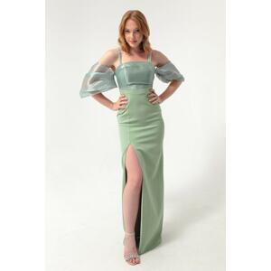 Lafaba Women's Mint Green Princess Sleeveless Organza Long Evening Dress with Beading Straps.