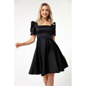 Lafaba Women's Black Balloon Sleeves Flare Cut Midi Satin Evening Dress.