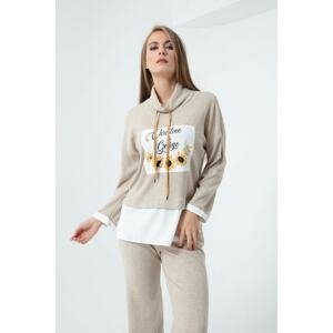 Lafaba Women's Beige Knitted Sweatshirt with Print on the Front