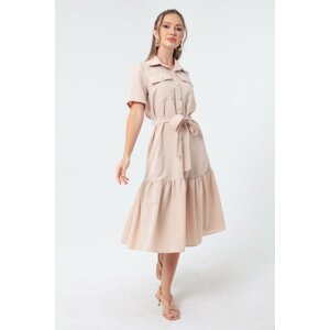 Lafaba Women's Beige Coated Buttons and Belted Dress Wide Sizes