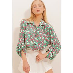 Trend Alaçatı Stili Women's Green Floral Pattern Oversized Viscose Shirt