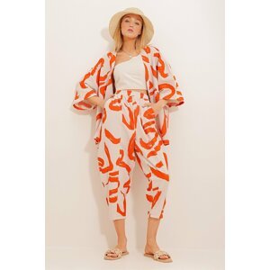 Trend Alaçatı Stili Women's Orange Patterned Baggy Pants And Kimono Set