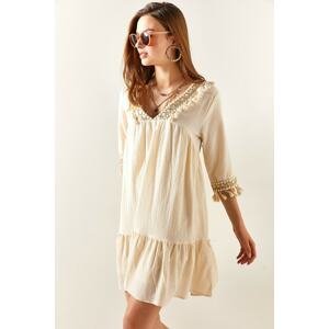 Olalook Women's Guipure Detail Lined Mini Linen Dress