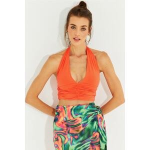 Cool & Sexy Women's Orange Backless Pleated Crop Top