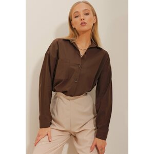 Trend Alaçatı Stili Women's Brown One-Pocket Poplin Woven Shirt