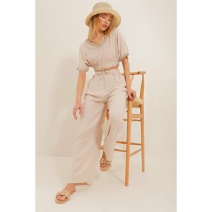 Trend Alaçatı Stili Women's Light Beige Collar Scalloped Striped Crop Top And Palazzo Pants Set