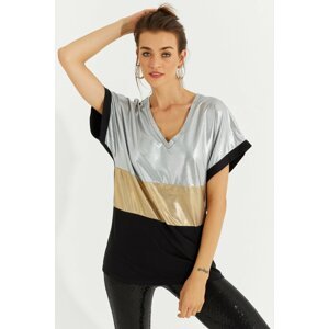 Cool & Sexy Women's Black-Silver Color Block Blouse