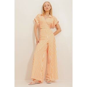 Trend Alaçatı Stili Women's Orange Double Breasted Collar Striped Crop, Blouse And Pants Suit