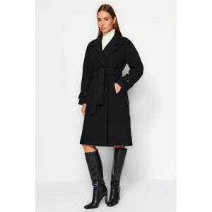Trendyol Black Oversize széles szabású öves hosszú bélyegző kabát
