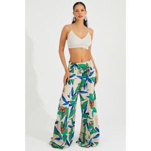 Cool & Sexy Women's Ecru-Green Elastic Waist Patterned Palazzo Pants PM1102