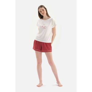 Dagi White Short Sleeves, Printed on the Front and Knitted Pajamas with Shorts