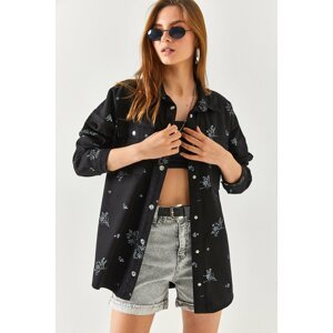 Olalook Women's Black Embroidered Oversized Cotton Shirt Jacket with Pocket