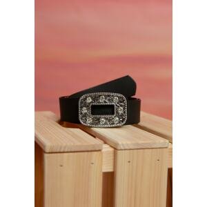 Lafaba Women's Black Rectangle Buckle Stone Belt