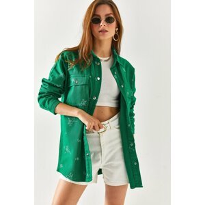 Olalook Women's Grass Green Embroidered Pocket Oversize Cotton Shirt Jacket